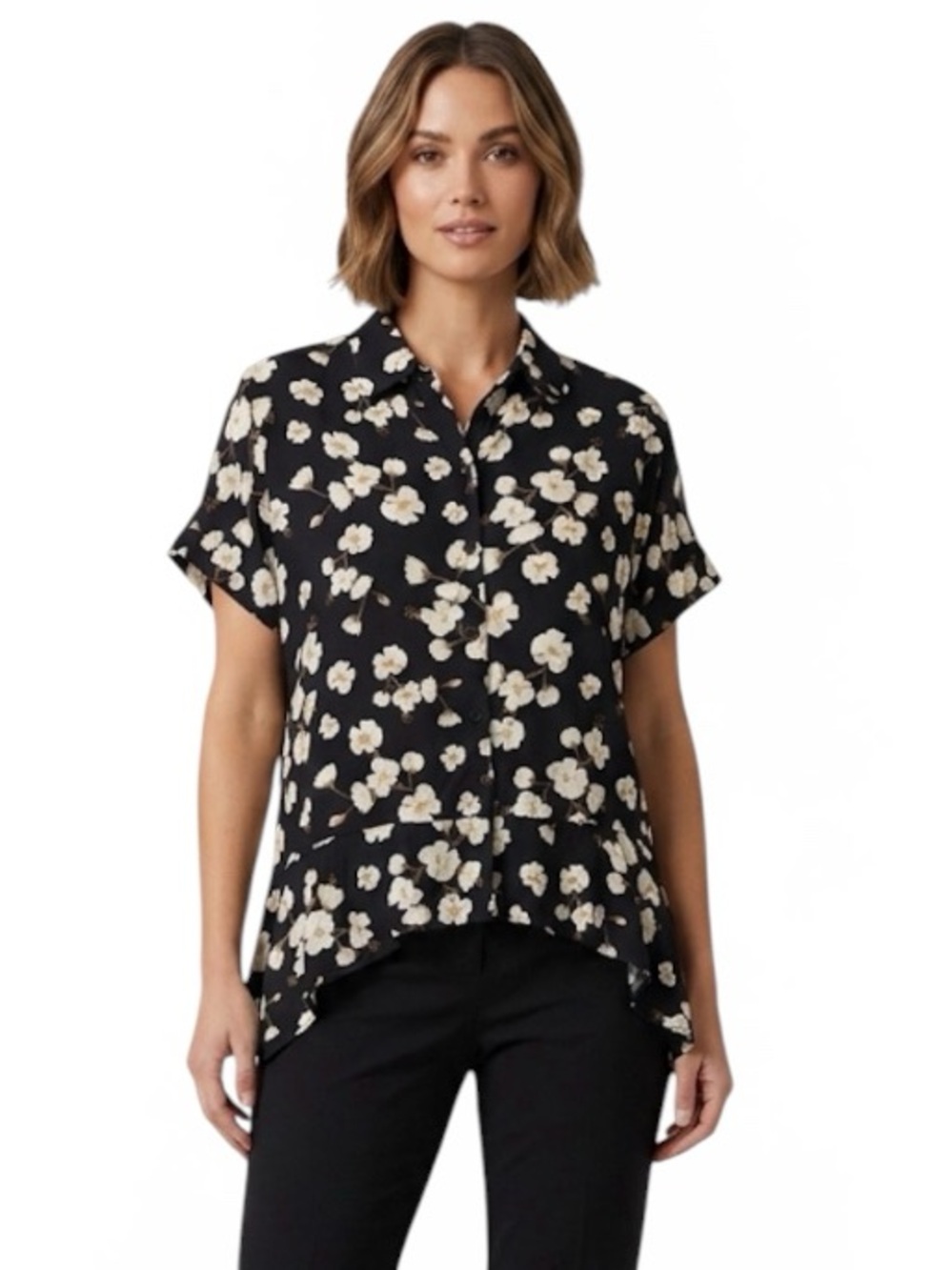 Vintage Black Floral Button-Down Hankerchief Hem Short Sleeve Top Size S Peplum